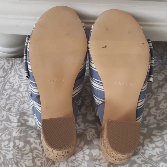 Express Blue and White Stripe Cork Heels Mules - Picture 4 of 5